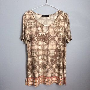 MANDY EVANS WOMEN'S BLOUSE.  SIZE L.  TAN, BEIGE AND ORANGE